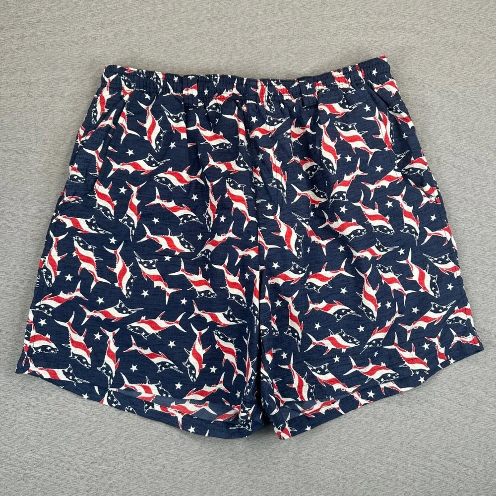 Columbia PFG Swim Trunks‎ Mens Large Navy Red White Americana Shark Star AOP